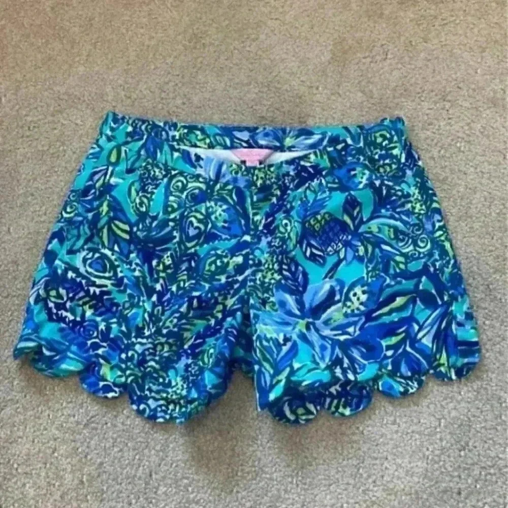 Lilly Pulitzer Blue & Turquoise Floral Scallop Hem Shorts